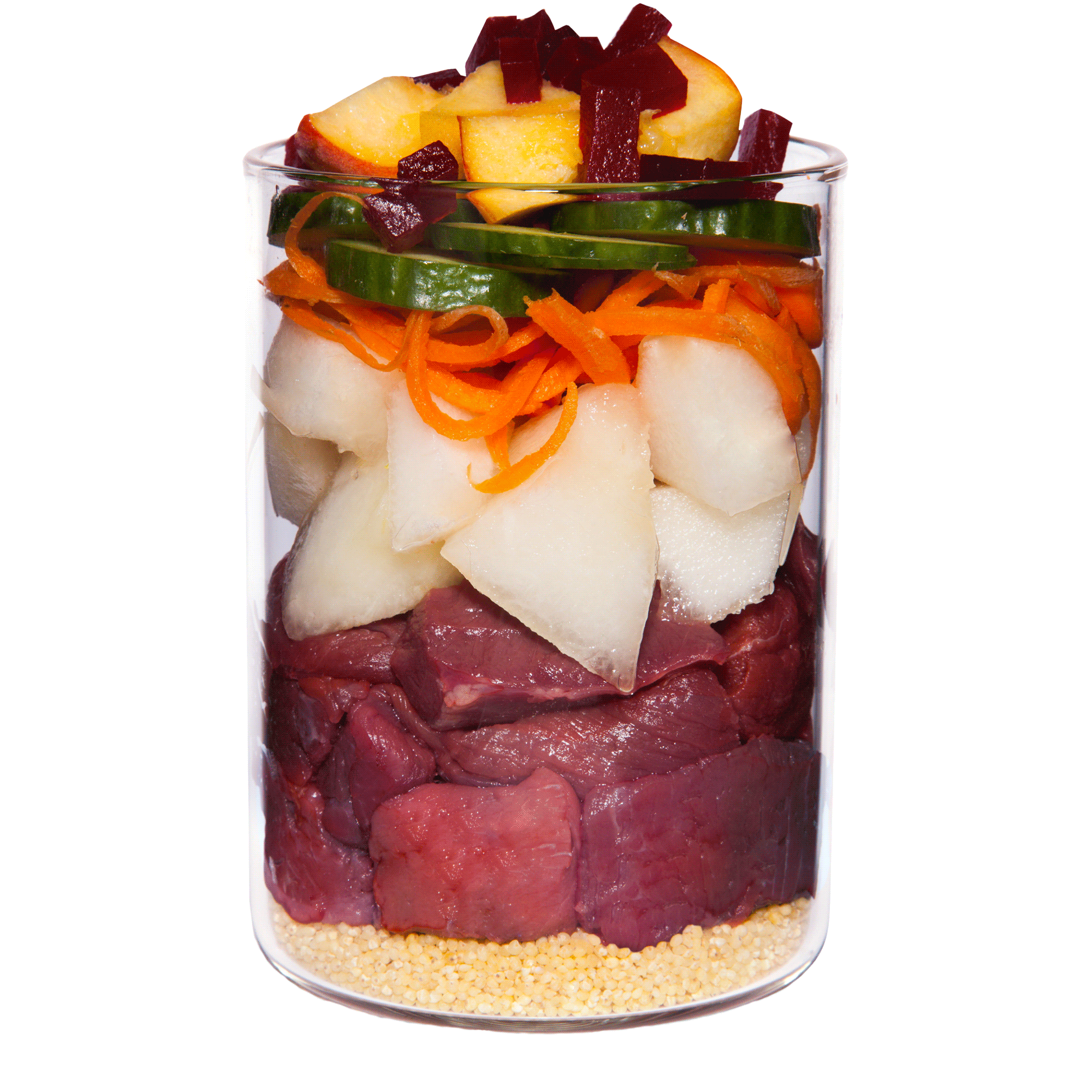 Veal with millet, cucumber, honeydew melon and basil