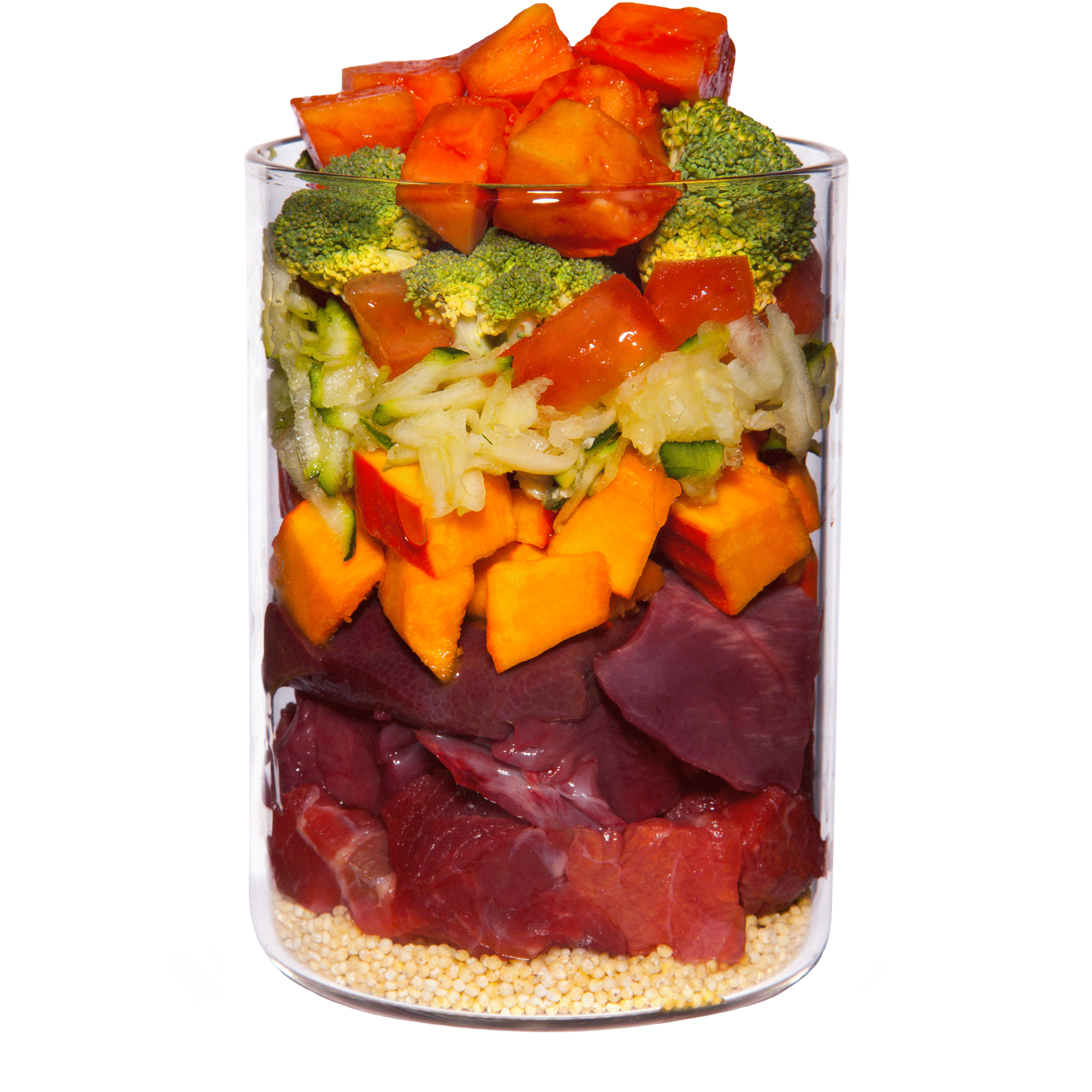 Büffel mit Hirse, Tomate und Papaya