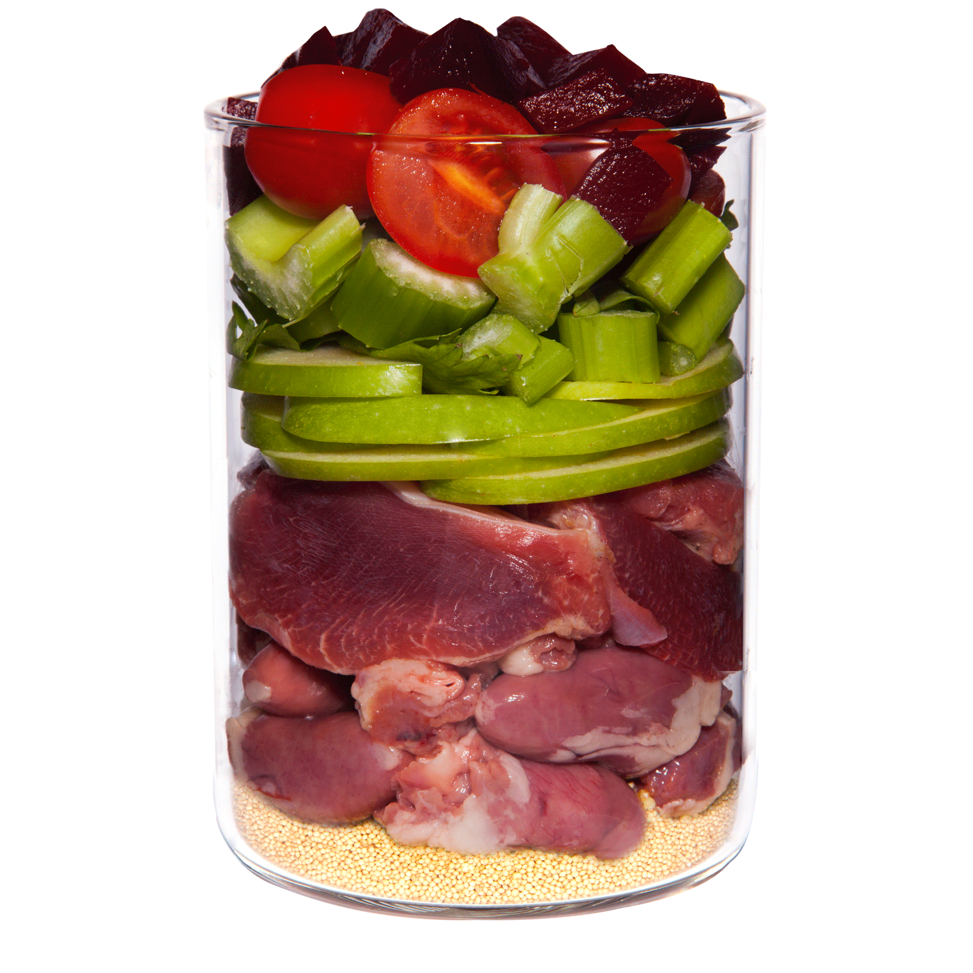 Huhn mit Tomate, Amaranth und Basilikum